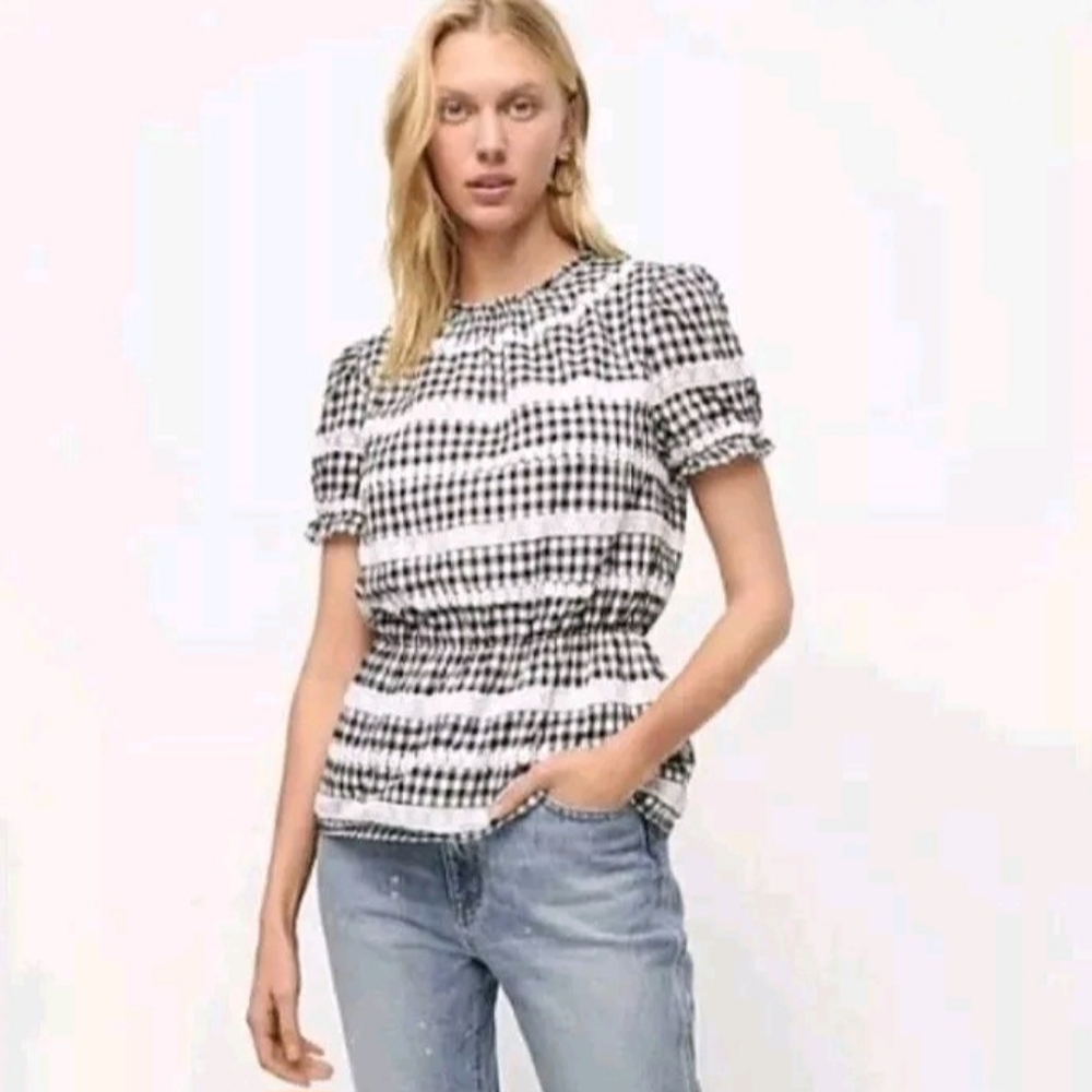 J. Crew Short Sleeve Daisy Chain Blouse Black White Gingham Check Large NEW NWT